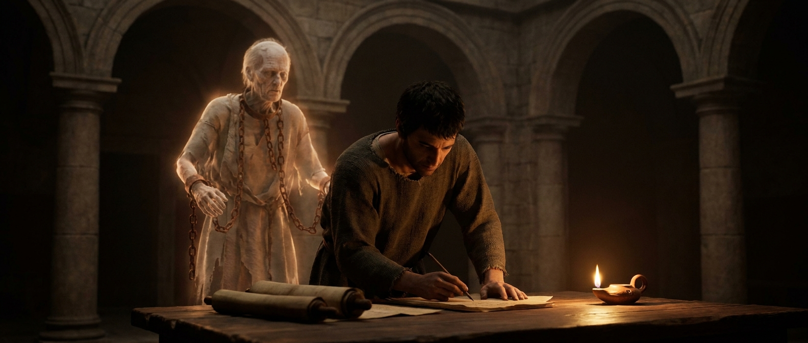 A Roman philosopher in a tunic sits writing at a table in a dark atrium, behind him stands a pale, faintly glowing old man with chains, an oil lamp burning