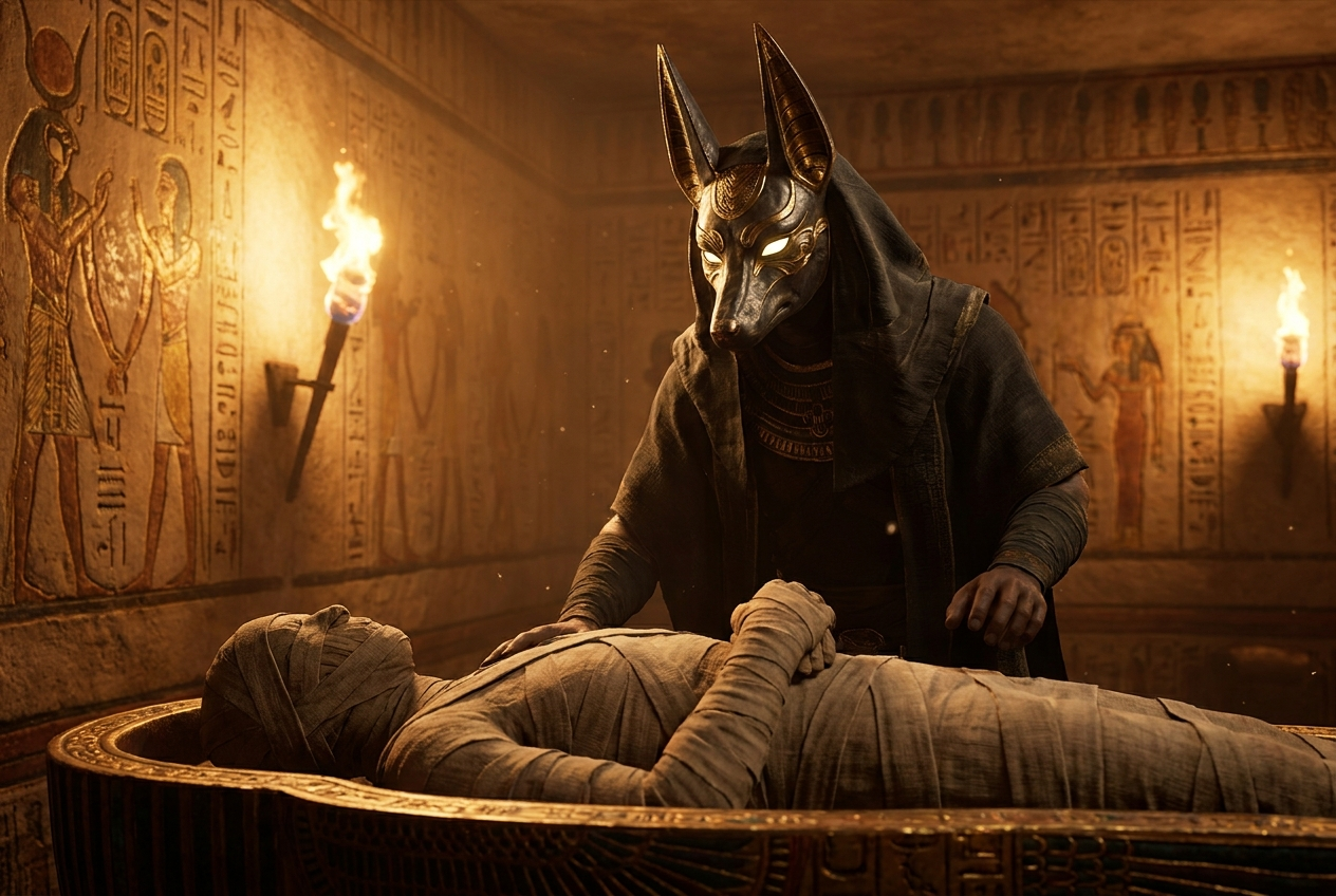 Ein Priester mit Anubis-Maske steht im Fackelschein eines Königsgrabs über einer Mumie, die Wände sind golden bemalt