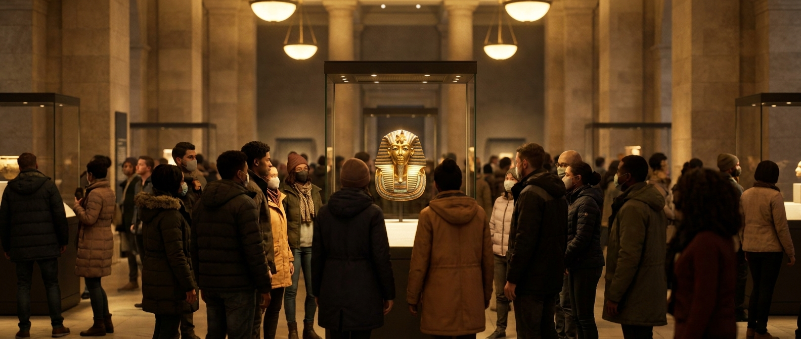 Many visitors crowd around the golden funerary mask of Tutankhamun in a museum hall