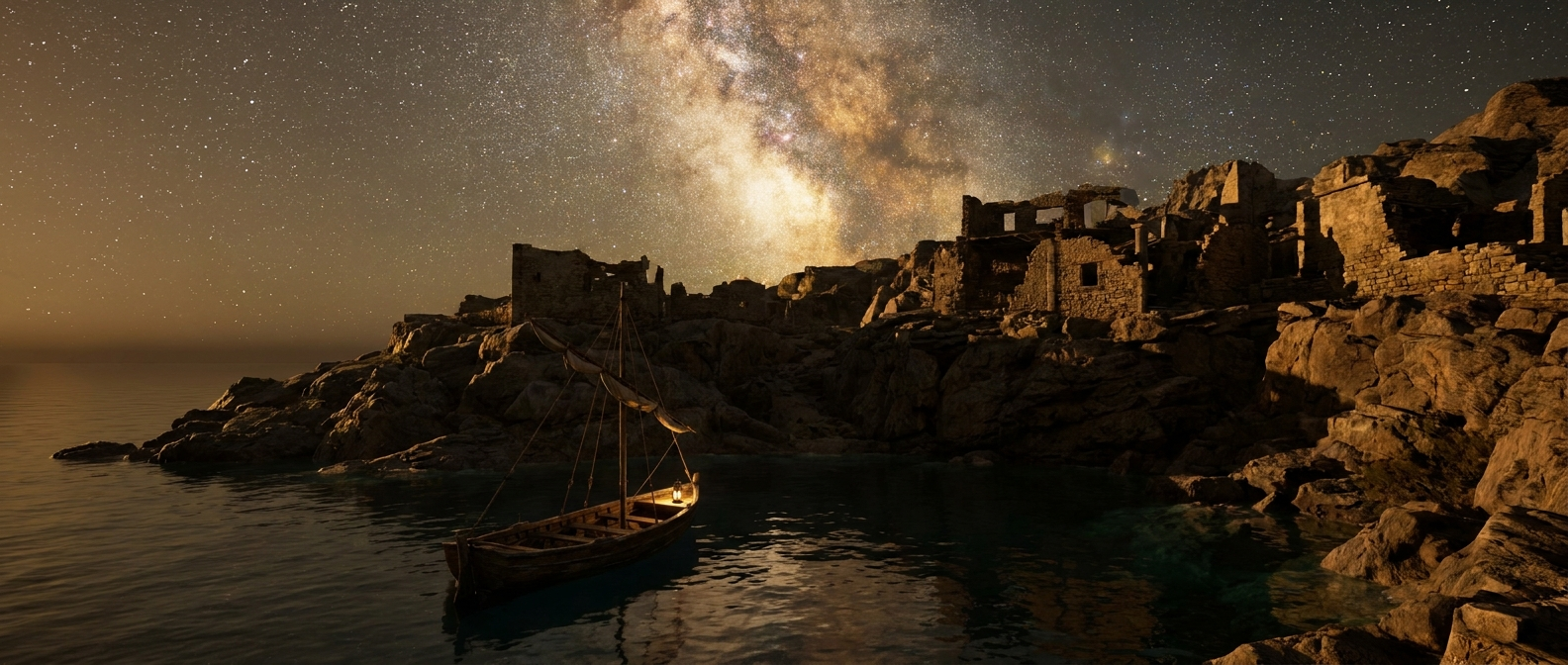 Ein sternenklarer Nachthimmel steht über der felsigen Küste einer griechischen Insel, auf ruhigem Wasser liegt ein kleines Holzboot, keine Menschen