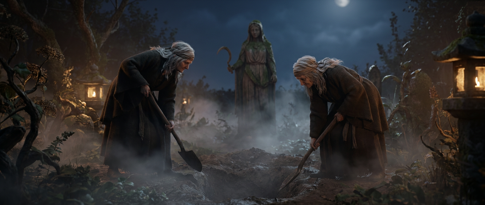 Two old women with loose gray hair in dark robes dig a pit at night in a moonlit garden, a wooden Priapus statue stands beside them, mist lies over the ground