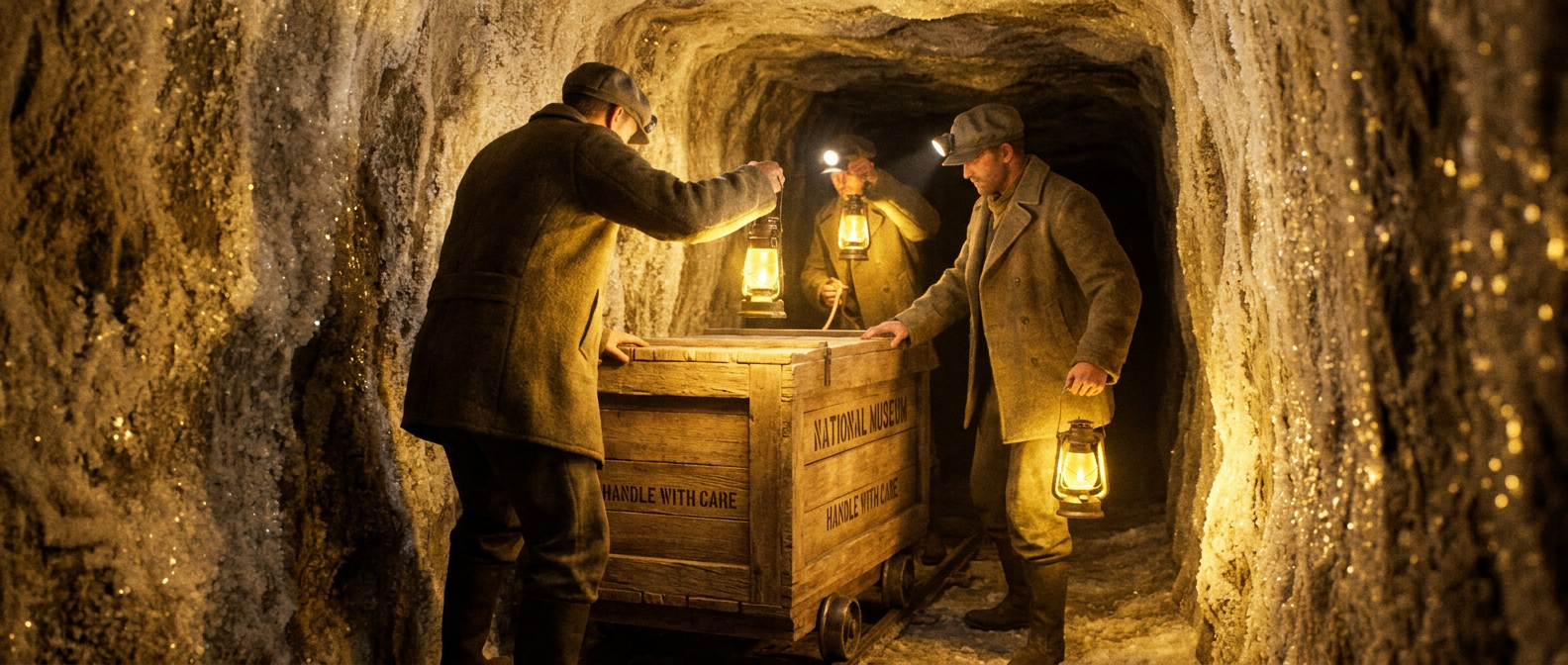 Museumsarbeiter in Arbeitskitteln der 1940er-Jahre tragen bei Lampenlicht eine Holzkiste in einen Salzbergwerksstollen, die Wände glänzen weiß vom Salz