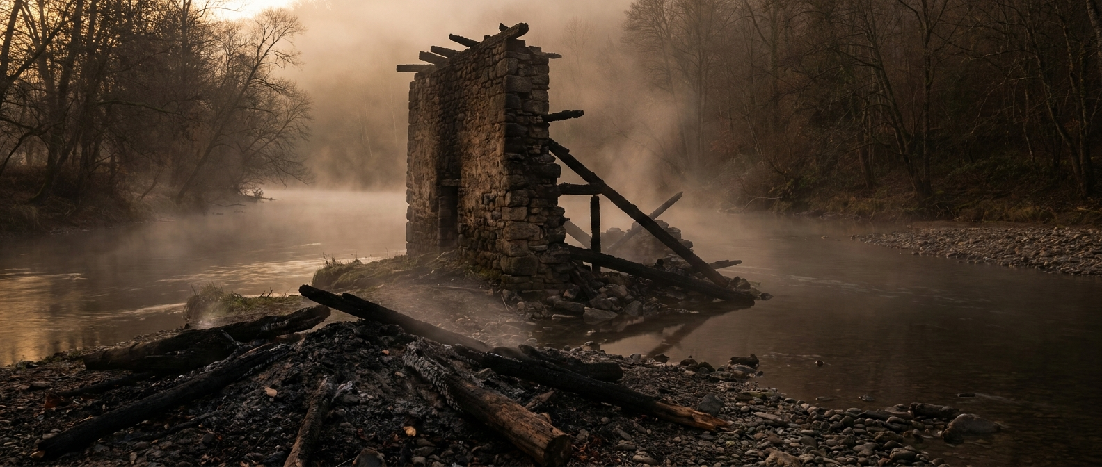 Eine vom Feuer geschwärzte Mauer aus Stein und Holz steht im Morgengrauen am Ufer einer Flussinsel, Asche und verkohlte Balken liegen davor, keine Menschen