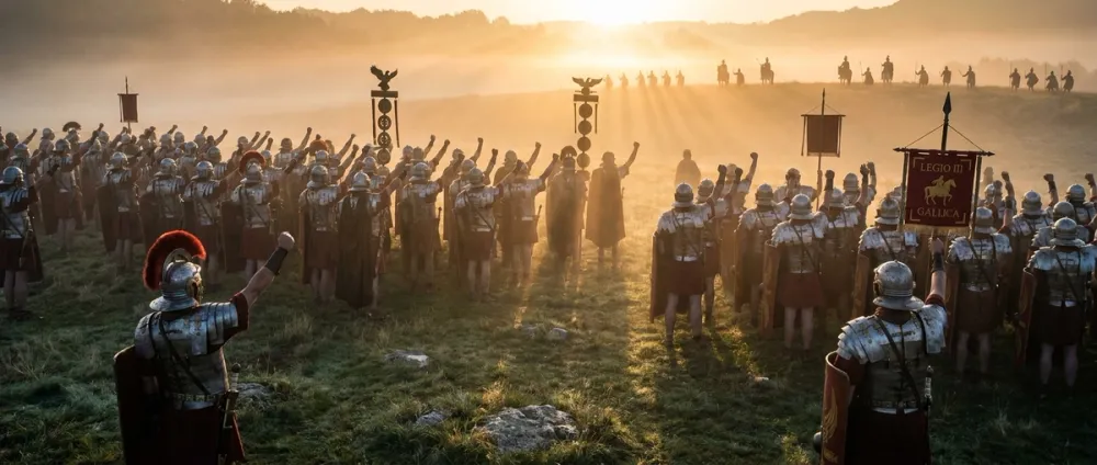 Roman legionaries raise their arms in the morning mist to greet the rising sun, eagle standards in the background Roman legionaries raise their arms in the morning mist to greet the rising sun, eagle standards in the background