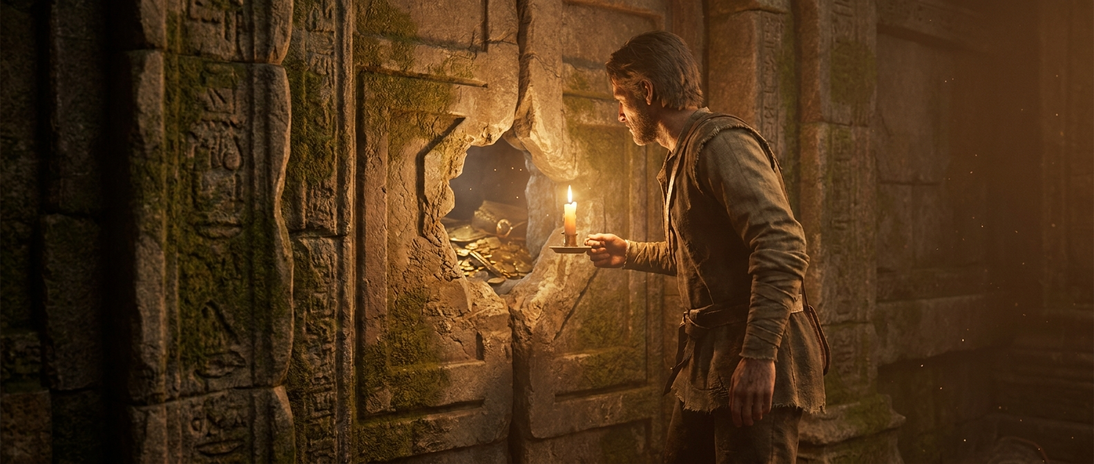 A man holds a candle to a small hole in an ancient sealed doorway, gold glinting inside