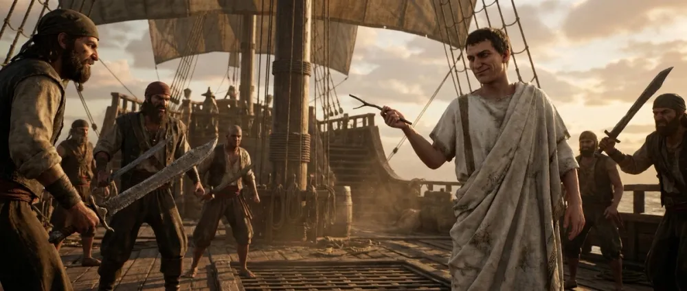 Julius Caesar surrounded by armed pirates who captured him, standing defiant Julius Caesar surrounded by armed pirates who captured him, standing defiant