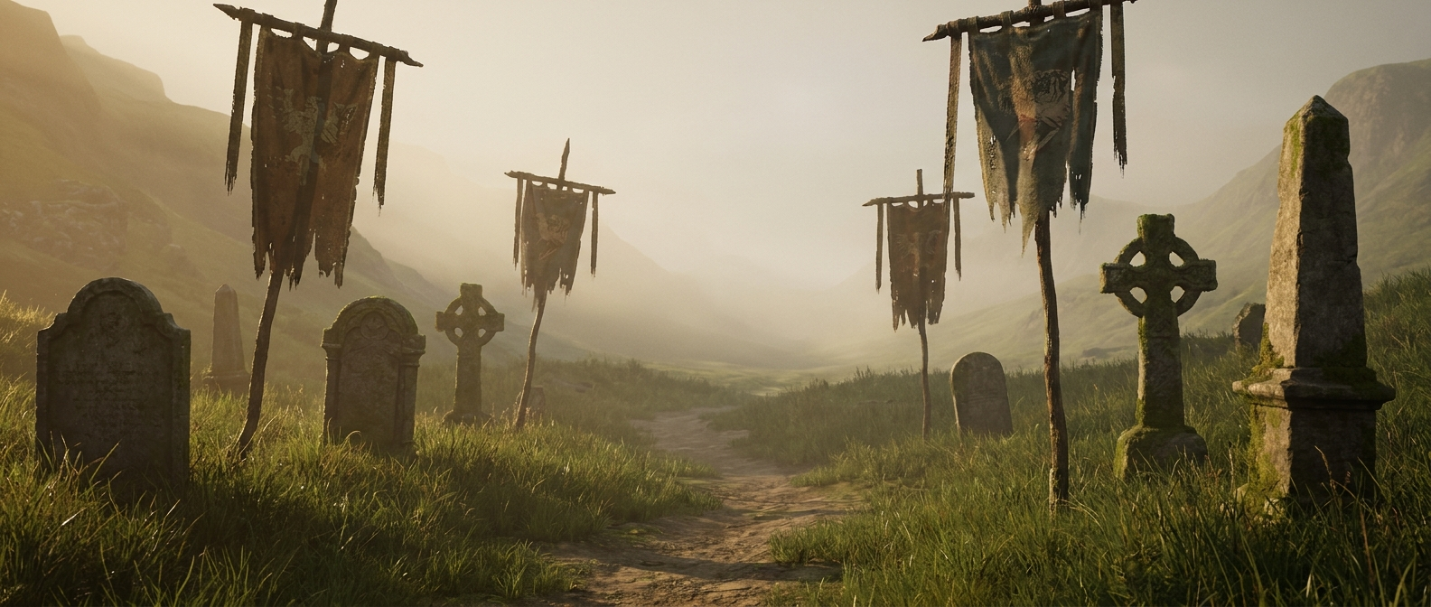 A misty green valley with stone memorial markers and old war banners at dawn