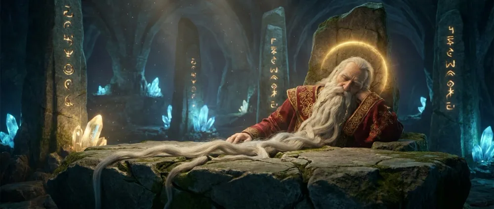 A sleeping bearded emperor at a stone table deep inside a glowing mountain cave, his beard grown through the table A sleeping bearded emperor at a stone table deep inside a glowing mountain cave, his beard grown through the table