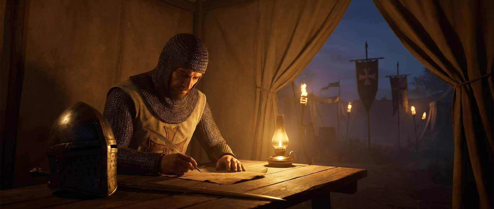A knight writes a song on parchment by lamplight in a tent of a crusader camp, banners outside