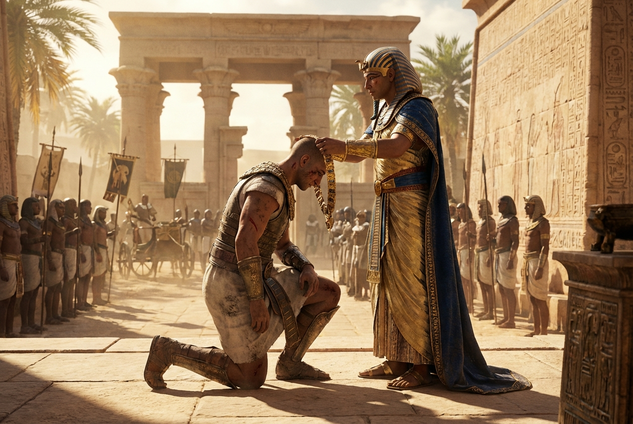 Ein Pharao legt einem knienden ägyptischen Krieger vor einem Tempel eine goldene Ehrenkette um, Soldaten stehen Spalier	