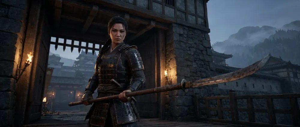 A female samurai warrior holding a naginata before a castle gate A female samurai warrior holding a naginata before a castle gate