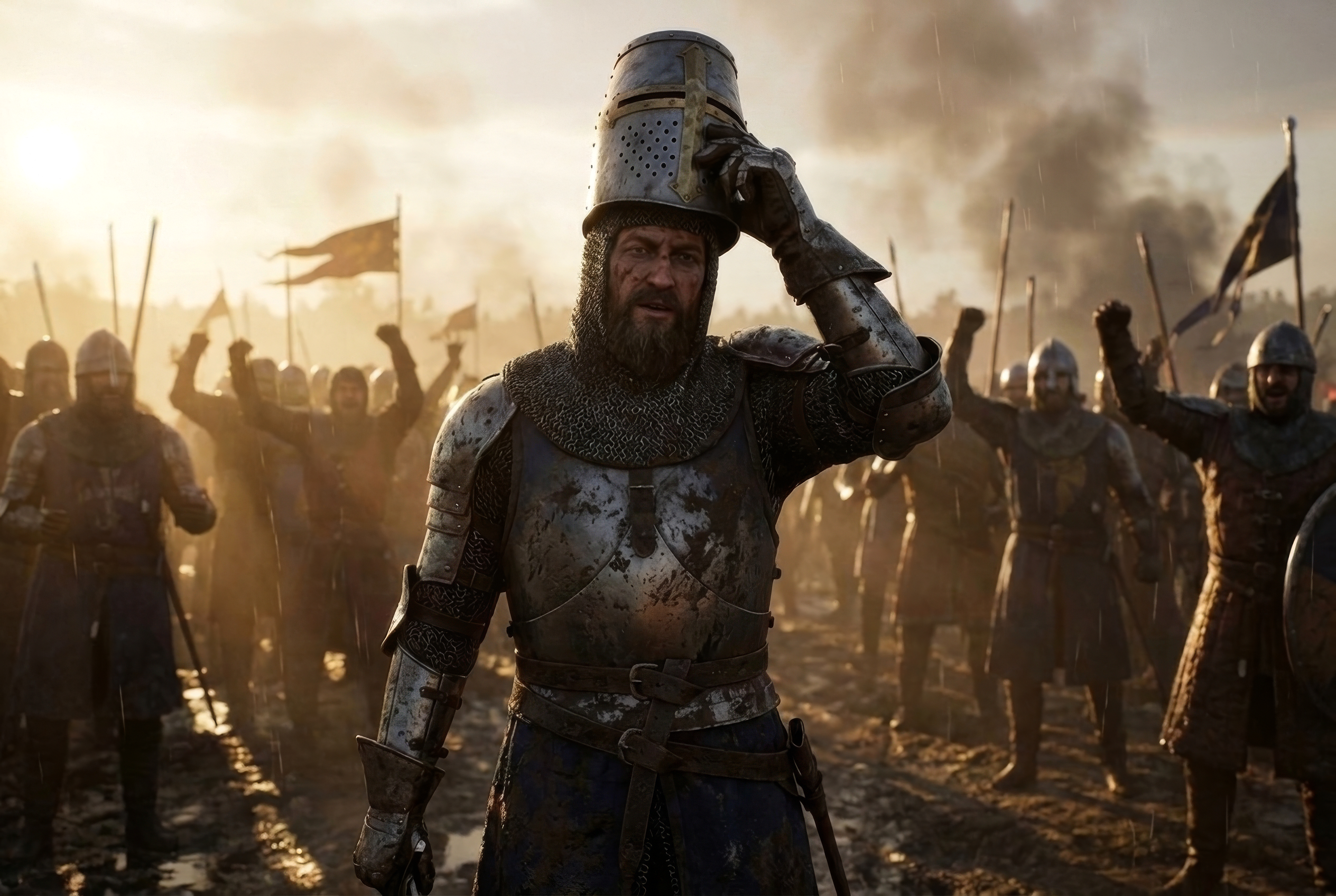A medieval knight in armor lifts his great helm on a muddy battlefield as his cheering soldiers raise their fists behind him