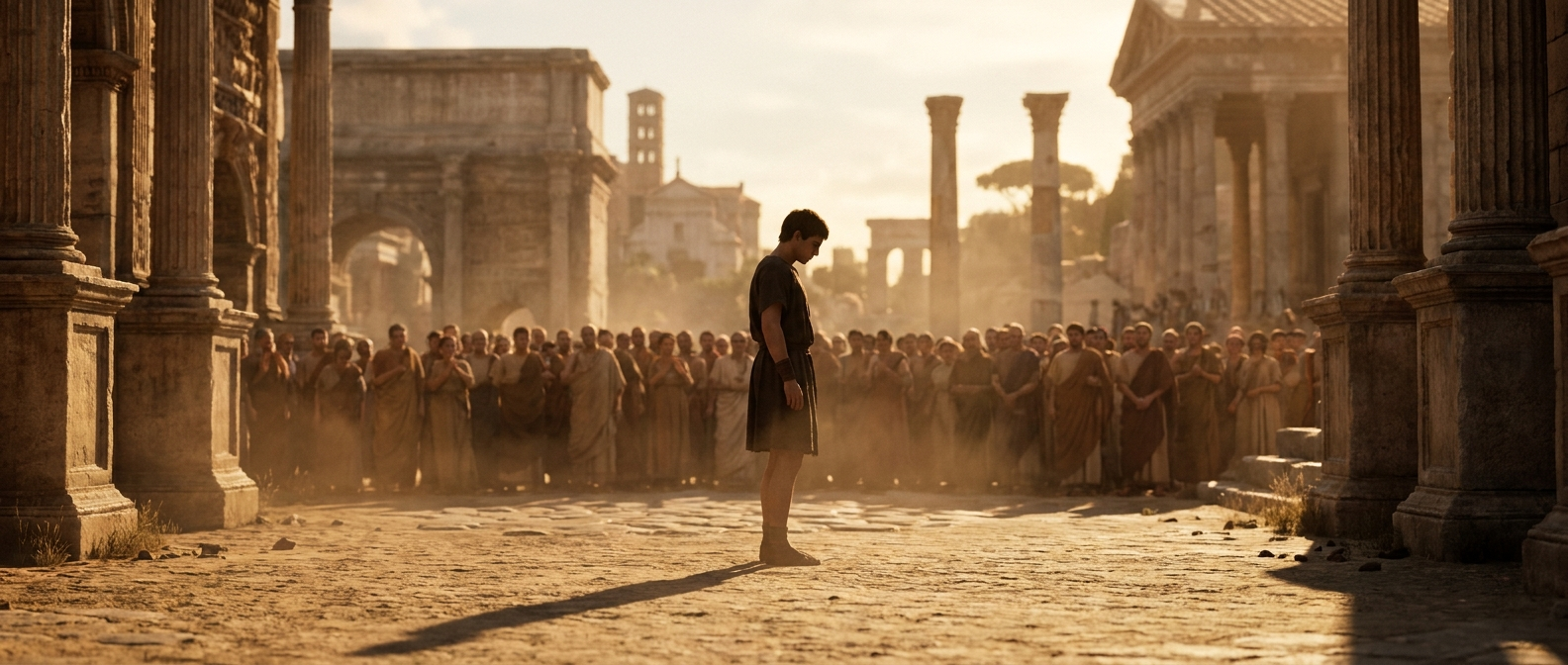 A young Roman man stands alone with his head bowed before a silent crowd in the Forum