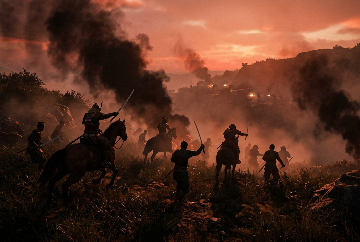 Samurai mit Schwertern stürmen bei rotem Sonnenuntergang durch Kanonenrauch einen Hügel hinauf, in der Ferne blitzt Gewehrfeuer