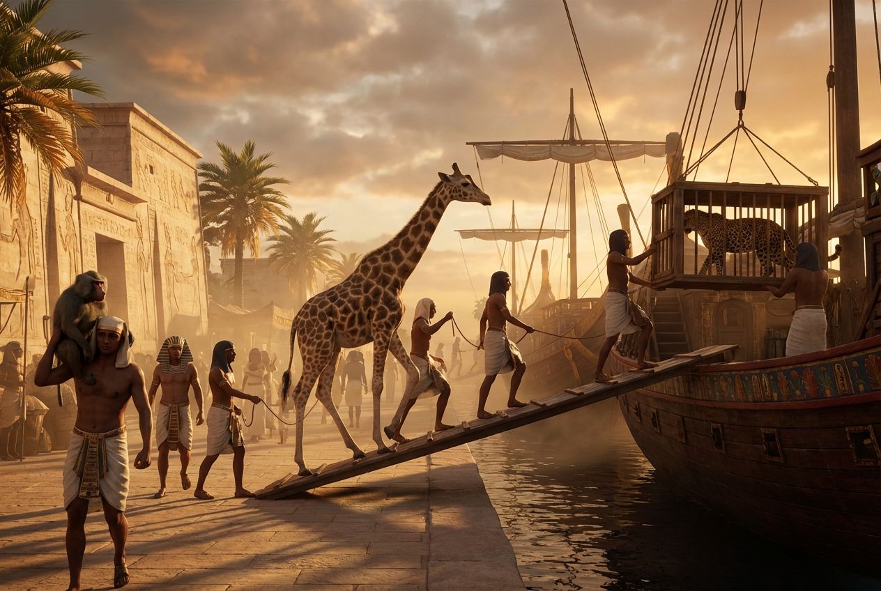 Ägypter führen eine Giraffe, einen Pavian und einen Leoparden im Käfig über einen Kai neben einem Tempel auf ein Schiff