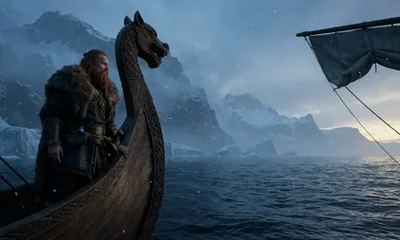 A red-bearded Viking chieftain stands at the bow of a longship facing Greenland's icy coast in morning light