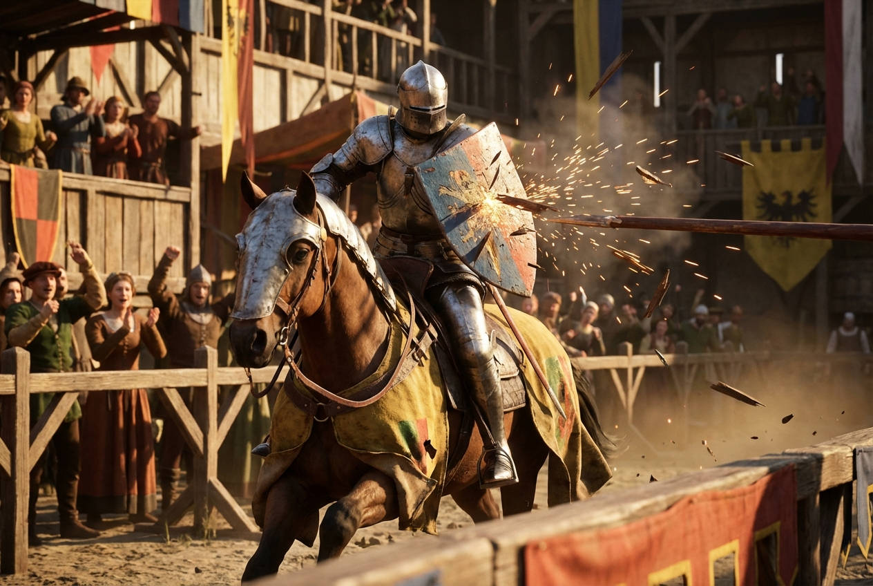 A mounted knight takes a lance hit on his shield during a joust as splinters fly and spectators cheer