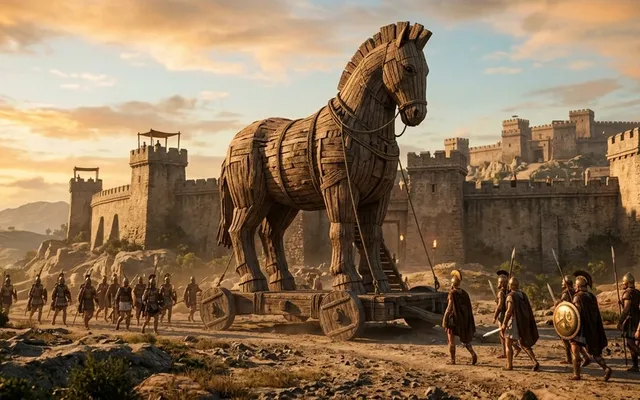 A giant wooden horse on wheels stands outside the walls of a Bronze Age city at dawn, Trojan soldiers approaching