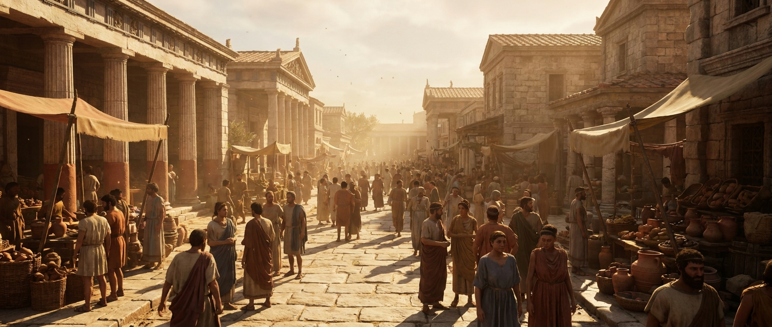 A busy wide street in ancient Ephesus in the 4th century BC with crowds of people