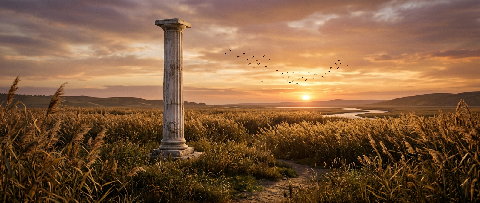 A single marble column stands alone in a reed field at sunset, birds taking flight