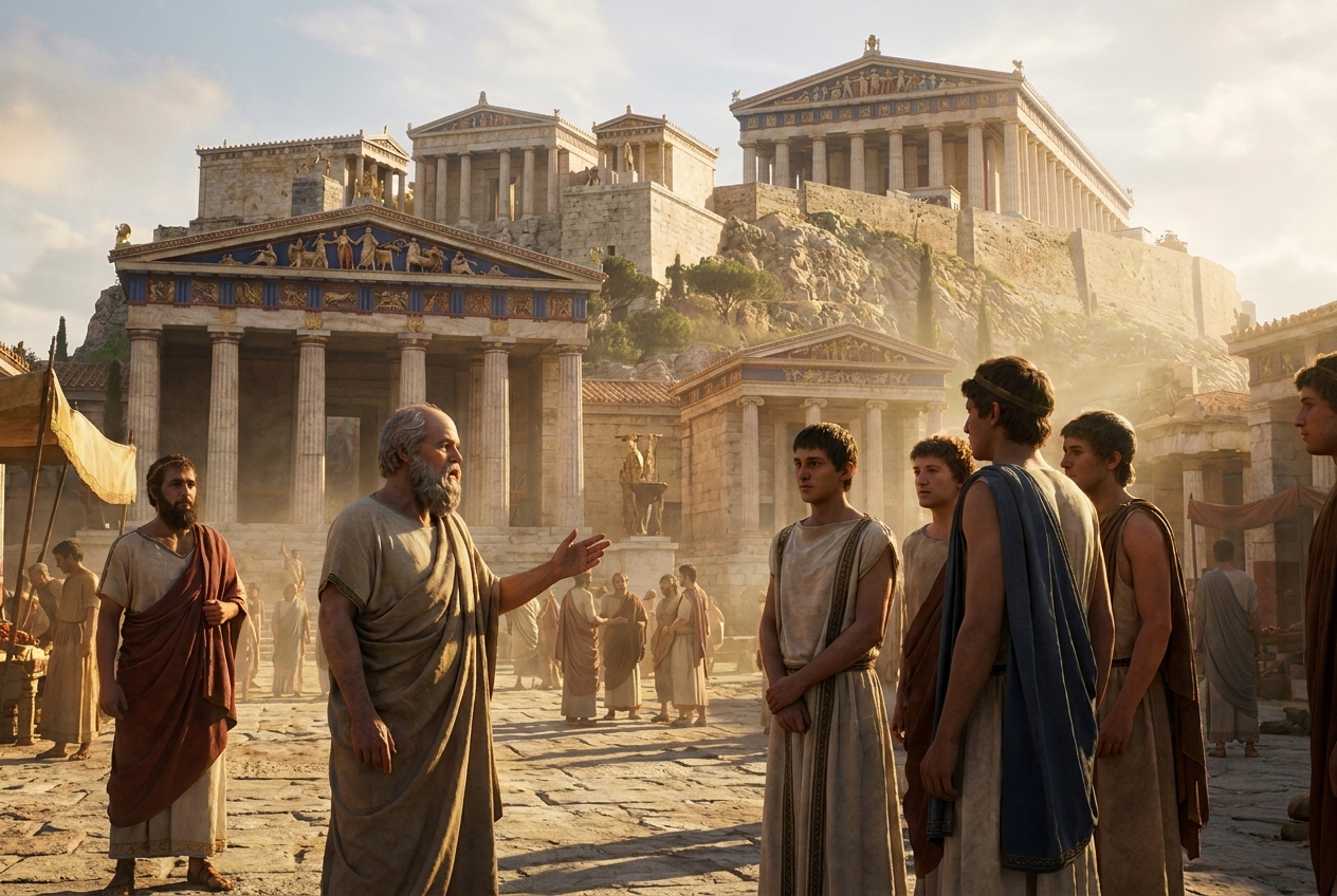 Sokrates unterrichtet junge Männer auf der Agora von Athen, über ihnen die intakte, farbig bemalte Akropolis im goldenen Morgenlicht