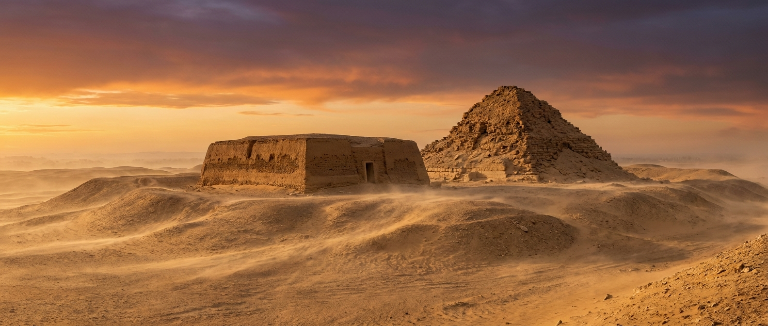 A mudbrick tomb and a ruined pyramid stand at dawn on a desert plateau at Saqqara, sand blowing across the ground, no people