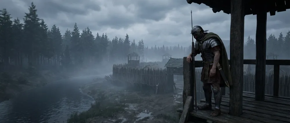 A Roman soldier standing watch at a misty frontier fort along the Rhine A Roman soldier standing watch at a misty frontier fort along the Rhine
