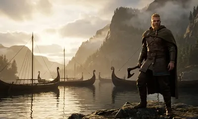 A Viking warrior with an axe stands on rocks at a misty fjord, longships anchored in the background, looking directly at the viewer