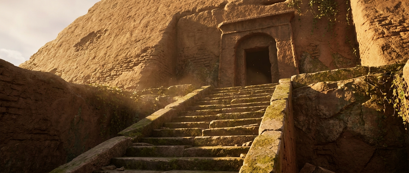 Eine verwitterte Steintreppe führt nahaufnahmeartig hinauf zum sandsteinernen Eingang des Pyramidengrabs