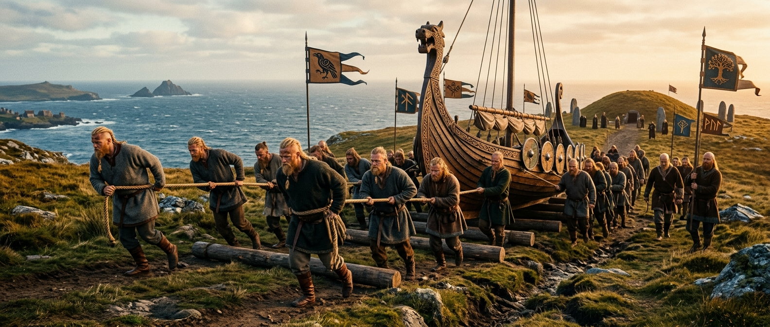 Many men with fair hair in wool clothing pull a large Viking ship on rollers up a hillside with ropes toward a burial site, the sea behind them, banners flying