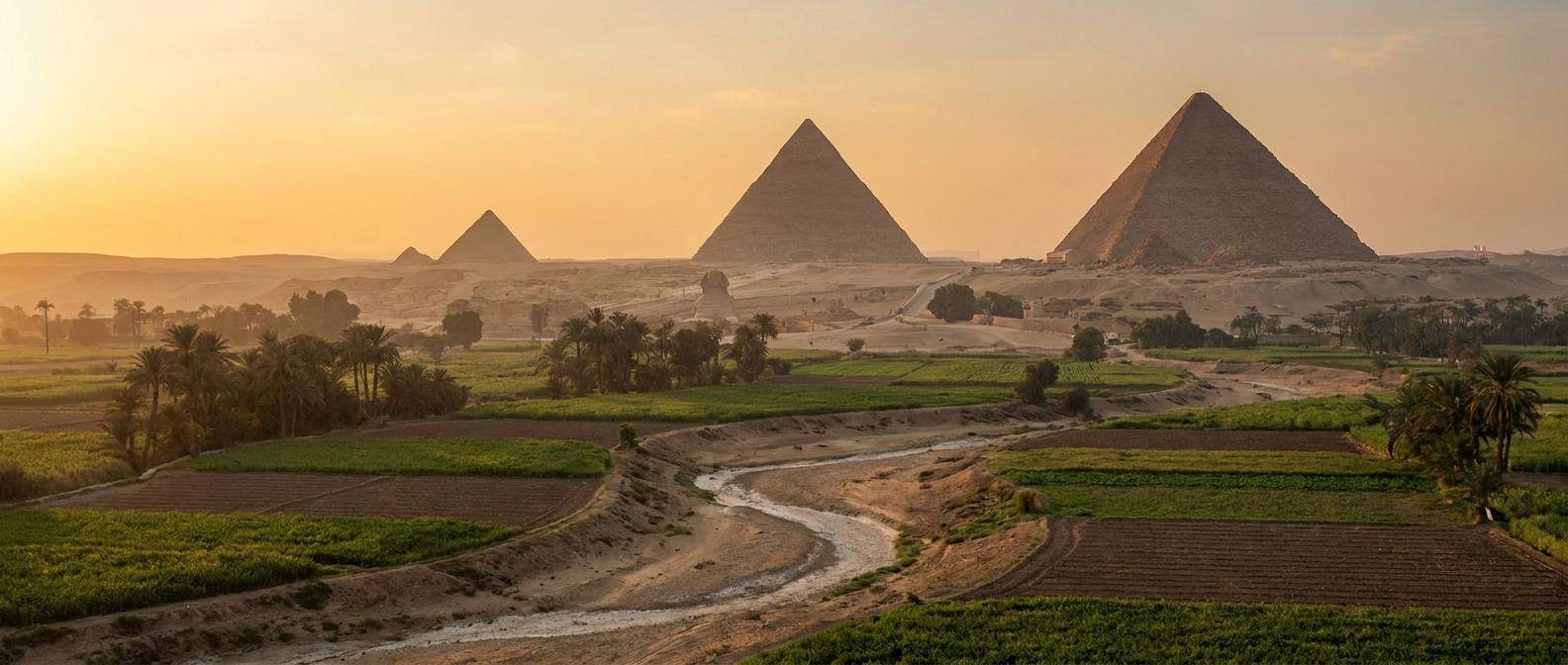 The pyramids of Giza stand at dawn above a green strip of farmland, the pale course of a former watercourse faintly visible between the fields, no people