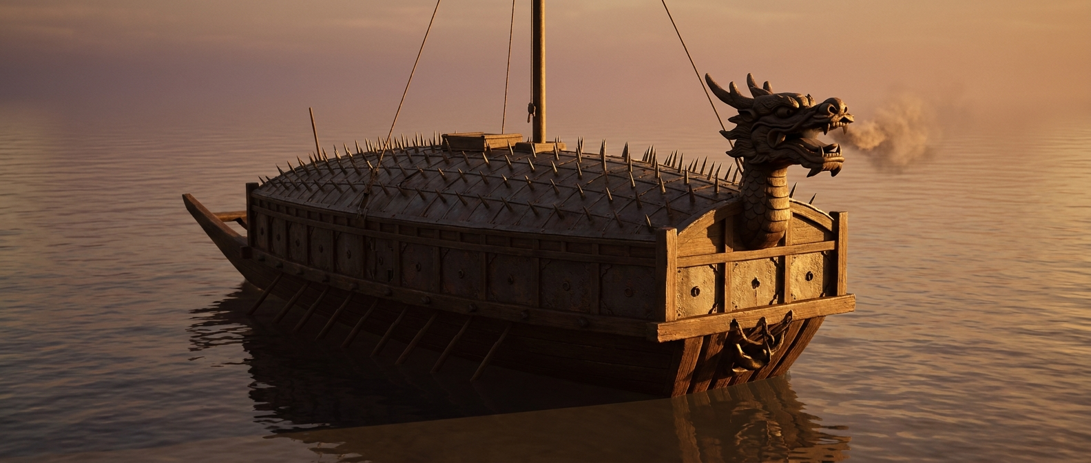 A Korean armored turtle ship with a covered deck and iron spikes sails on the sea