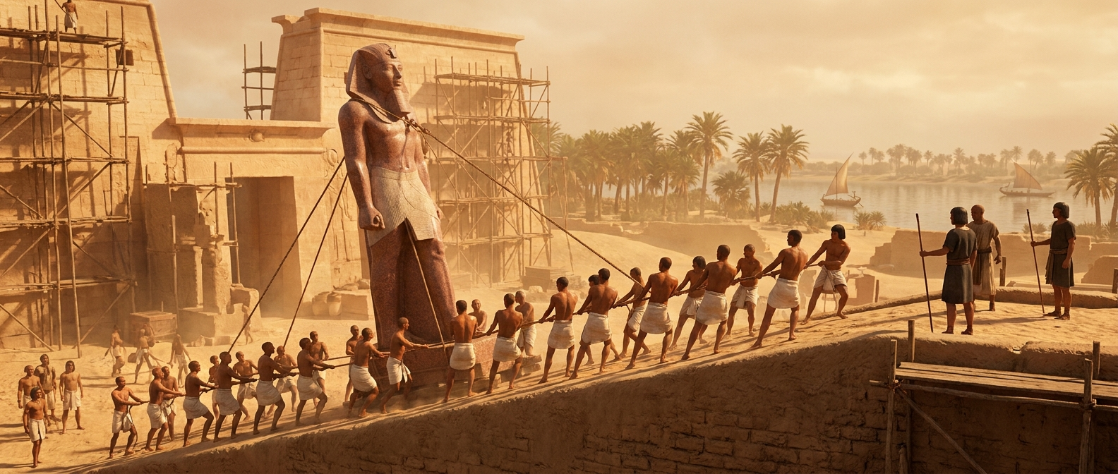 Ancient Egyptian workers raise a colossal standing granite statue of a pharaoh with ropes on a ramp of sand and mudbrick, the Nile and palm trees in the background, overseers watching