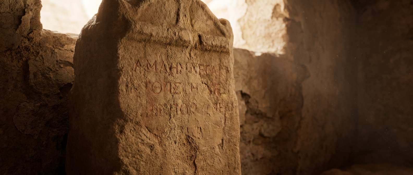 Eine verwitterte steinerne Stele mit Resten antiker griechischer Inschrift in roter Tinte