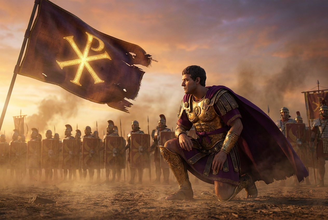 Emperor Constantine in a purple cloak kneels before a banner bearing the Chi-Rho, with his legionaries behind him.