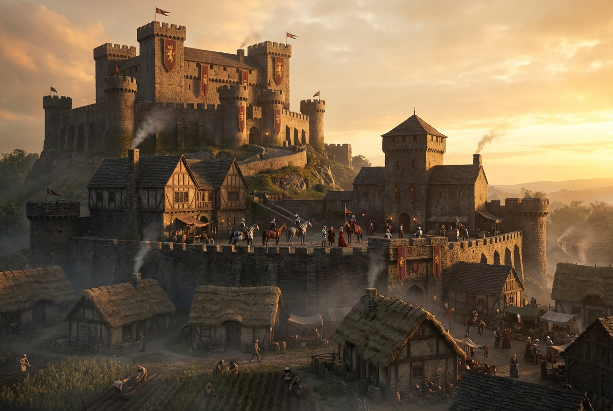 A mighty castle with red banners rises above a village of thatched roofs, fields and riders at sunset