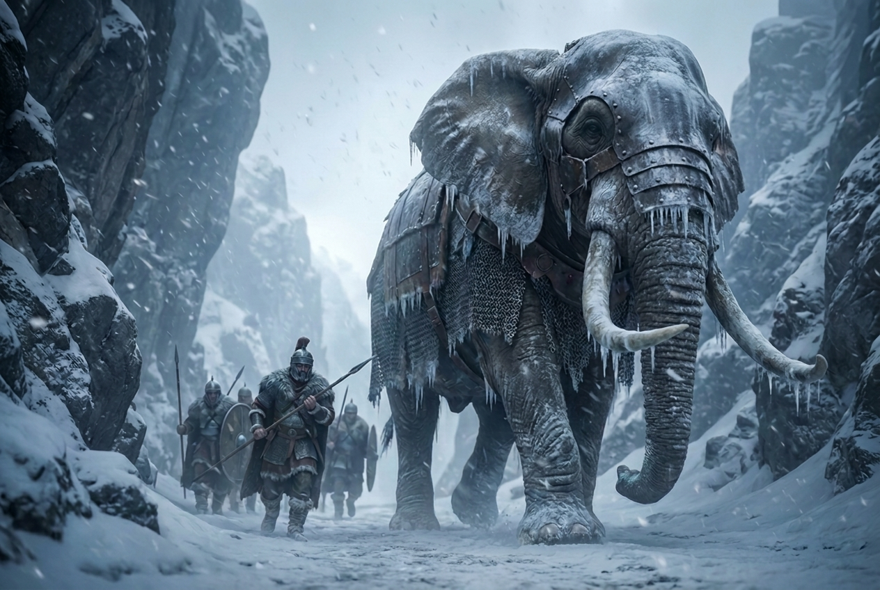 An armoured war elephant and Carthaginian warriors march through a snow-covered rocky gorge in the Alps.