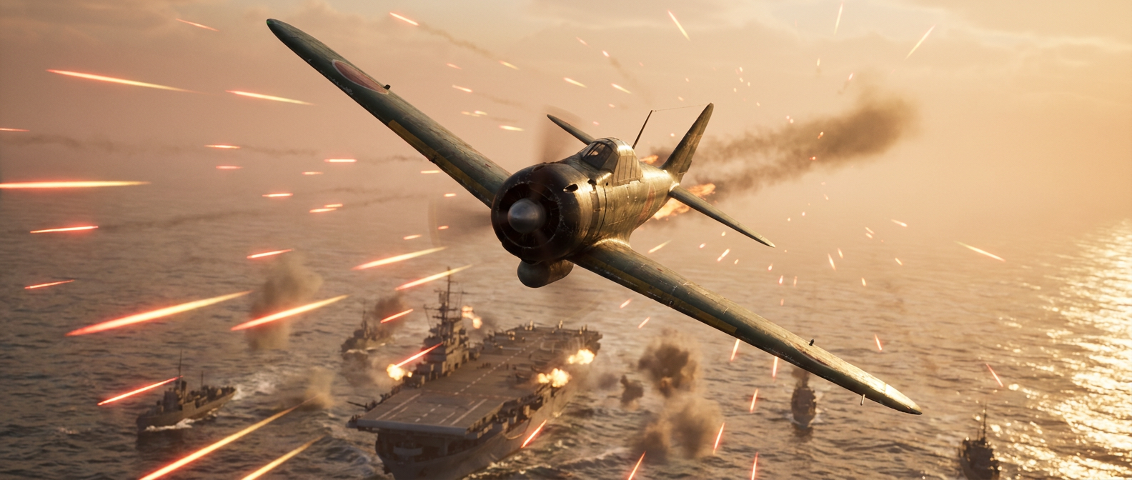 Ein Mitsubishi-A6M-Zero stürzt sich im Oktober 1944 auf den Begleitträger USS St. Lo, Leuchtspurgarben der Flak füllen den Himmel