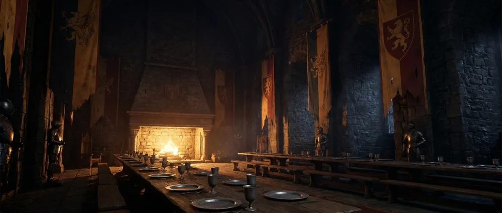 A grand medieval castle great hall with a roaring hearth fire and knight's banners A grand medieval castle great hall with a roaring hearth fire and knight's banners
