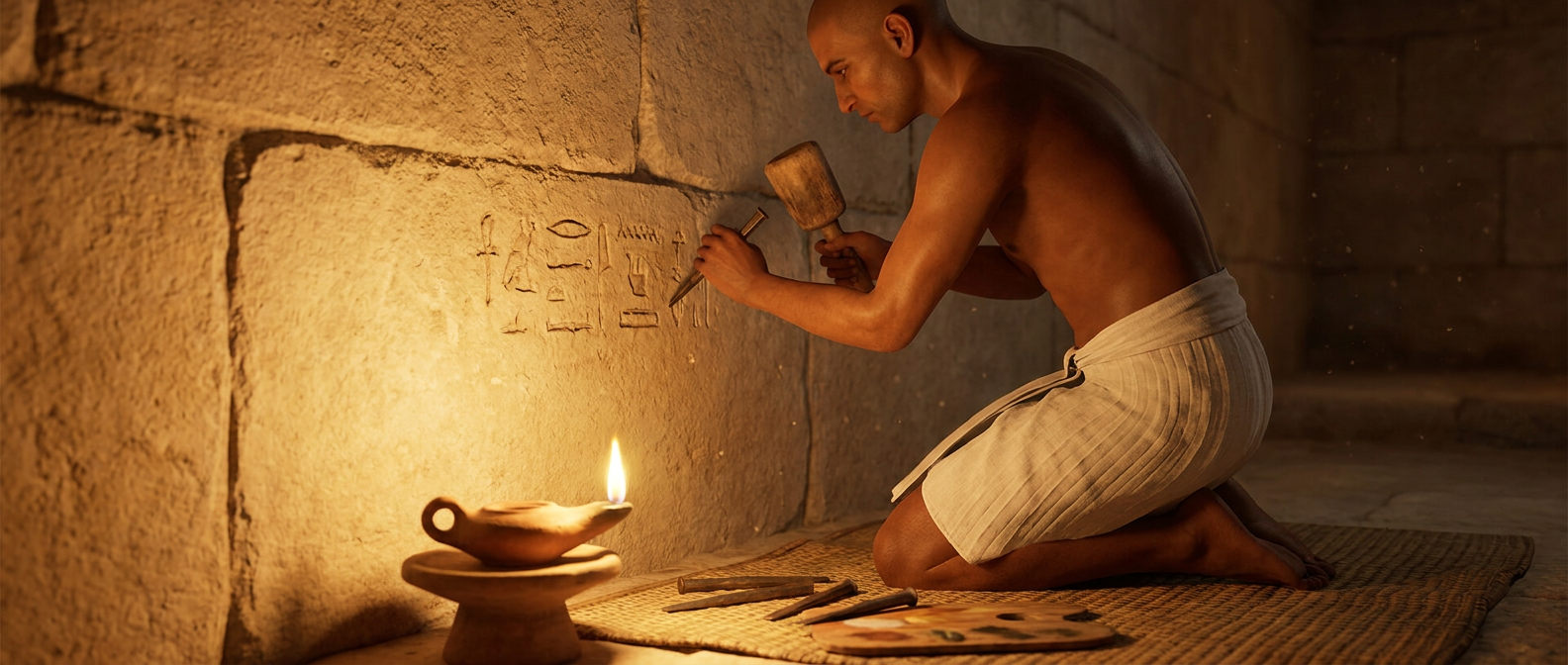 An ancient Egyptian scribe with bronze skin and a white linen kilt chisels hieroglyphs into a limestone wall by lamplight, chisels and a wooden mallet beside him
