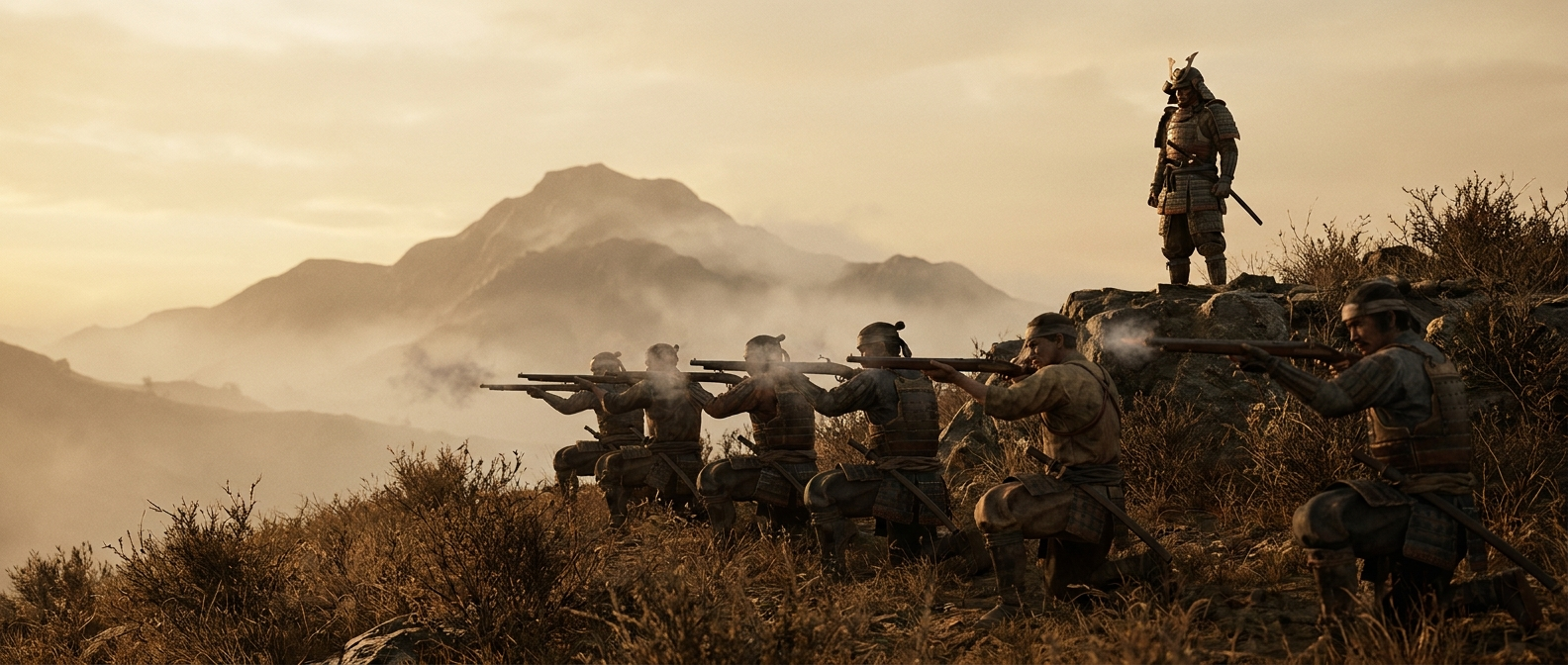 Matchlock gunners fire from a hill toward a distant mountain slope in the fog, a samurai commander watching