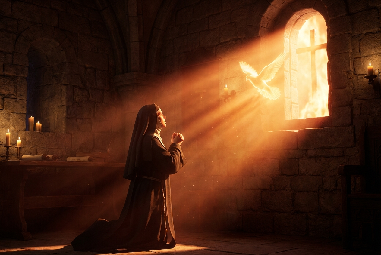 Hildegard of Bingen kneels in prayer in a stone convent cell as warm light streams through the window and a white dove appears