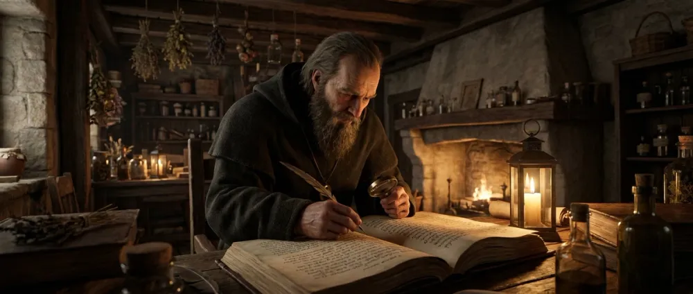 A medieval scholar studies a book in a dark apothecary room full of herbs and vials A medieval scholar studies a book in a dark apothecary room full of herbs and vials