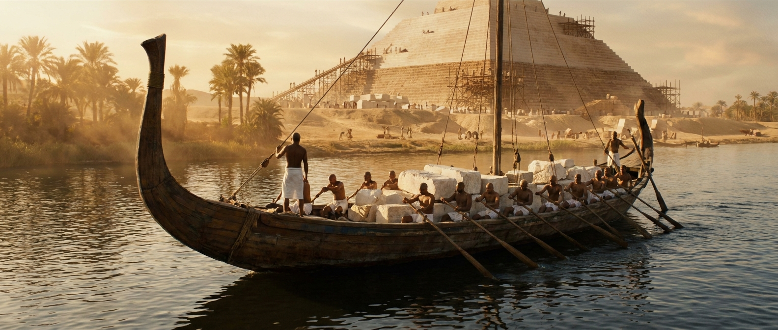 An ancient Egyptian wooden boat loaded with white limestone blocks sails on the Nile past a pyramid under construction, rowers with bronze skin and white linen kilts at the oars