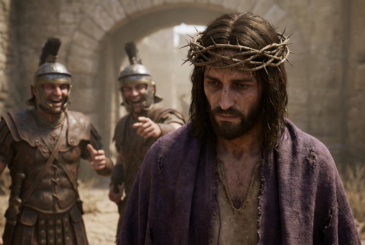 Jesus wears the crown of thorns and a purple cloak as Roman soldiers mock him behind his back