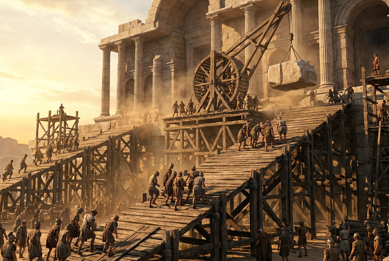 Workers lift huge stone blocks onto the Temple building site with a wooden treadwheel crane
