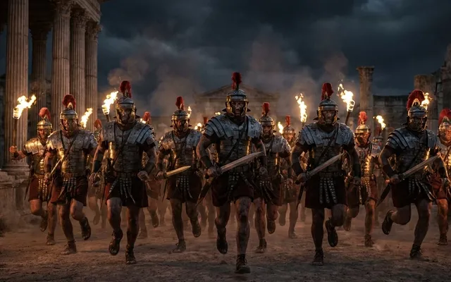 Praetorian Guard soldiers in Roman armor charge with drawn swords straight toward the camera through the torch-lit Roman Forum
