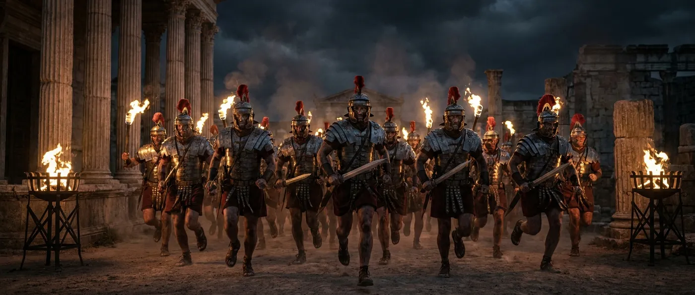 Praetorian Guard soldiers in Roman armor charge with drawn swords straight toward the camera through the torch-lit Roman Forum
