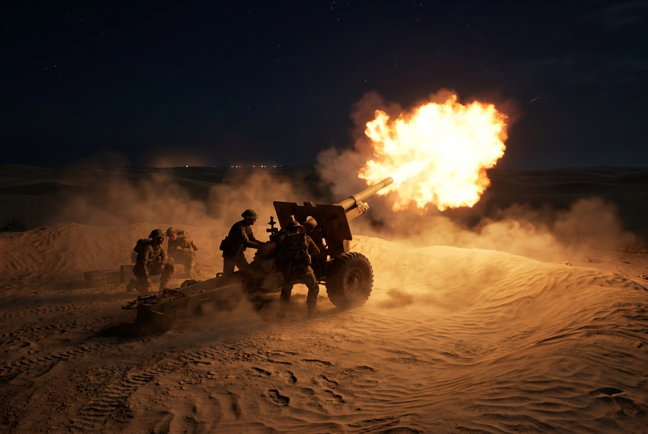 Britische Artilleristen feuern nachts ein Geschütz in der Wüste bei El Alamein, das Mündungsfeuer erhellt den Sand