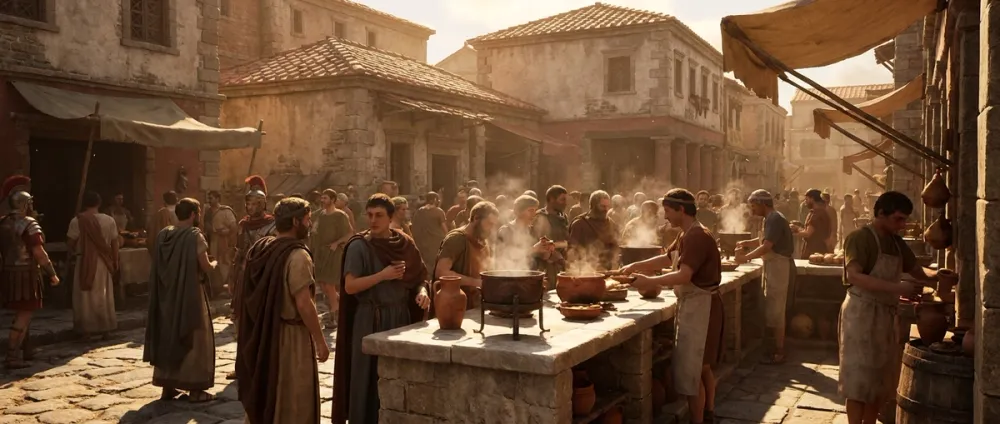 A busy street scene in front of an ancient Roman thermopolium serving hot food A busy street scene in front of an ancient Roman thermopolium serving hot food
